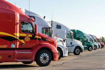 Semi trucks parked in a line